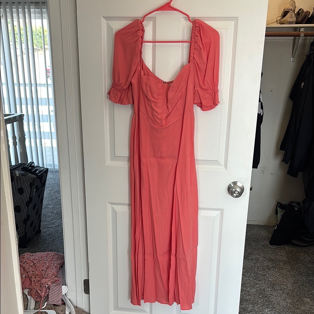 WeWoreWhat Orange Ribbed Sundress Puff Sleeve Sweetheart Neckline
